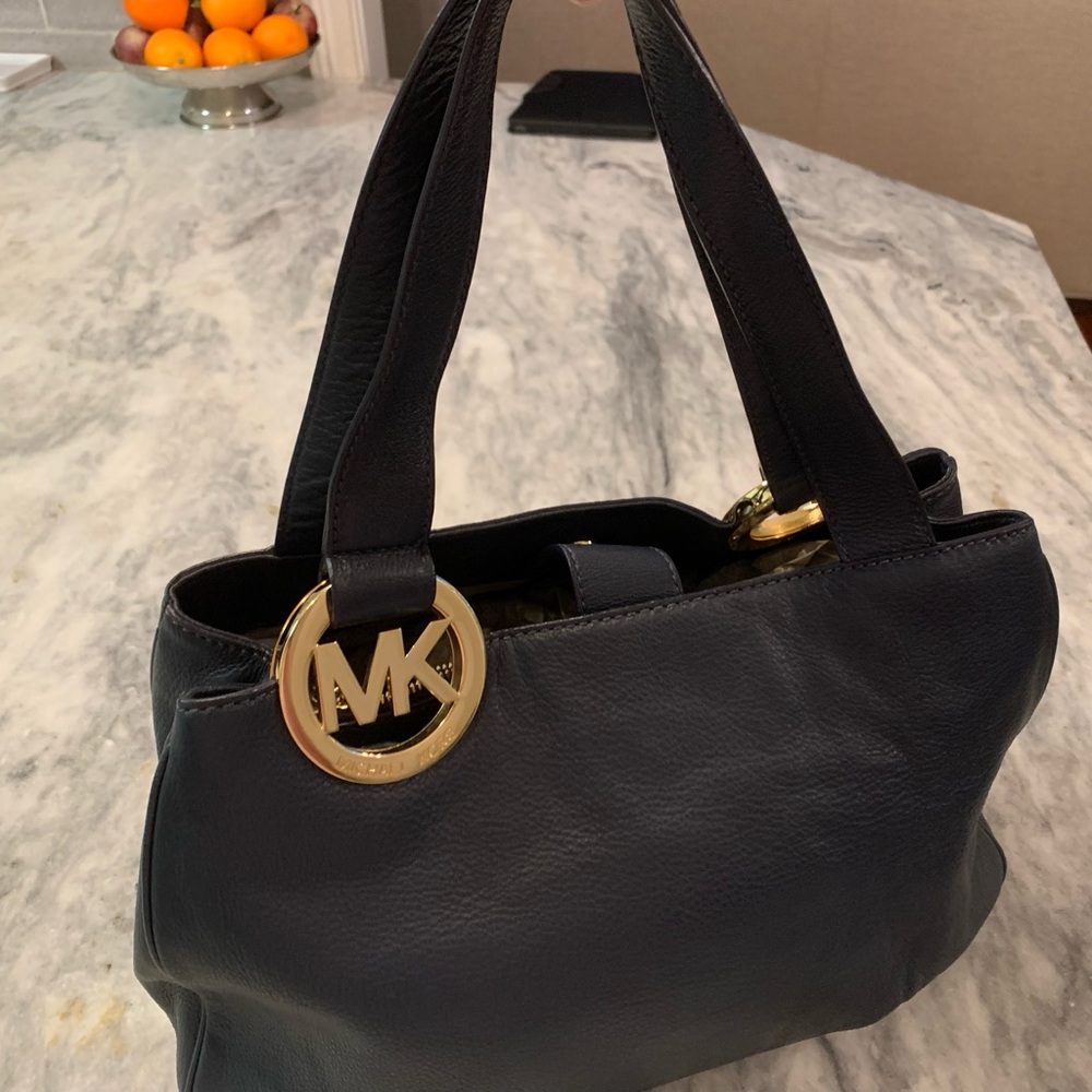 Michael Kors Navy Blue Leather Tote with Gold Hardware